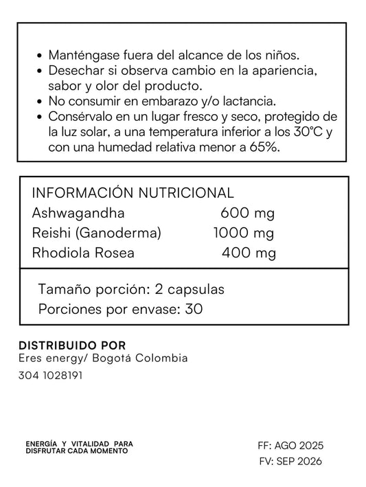 Reishi rhodiola ashwagandha cápsulas 60 manejo del estrés