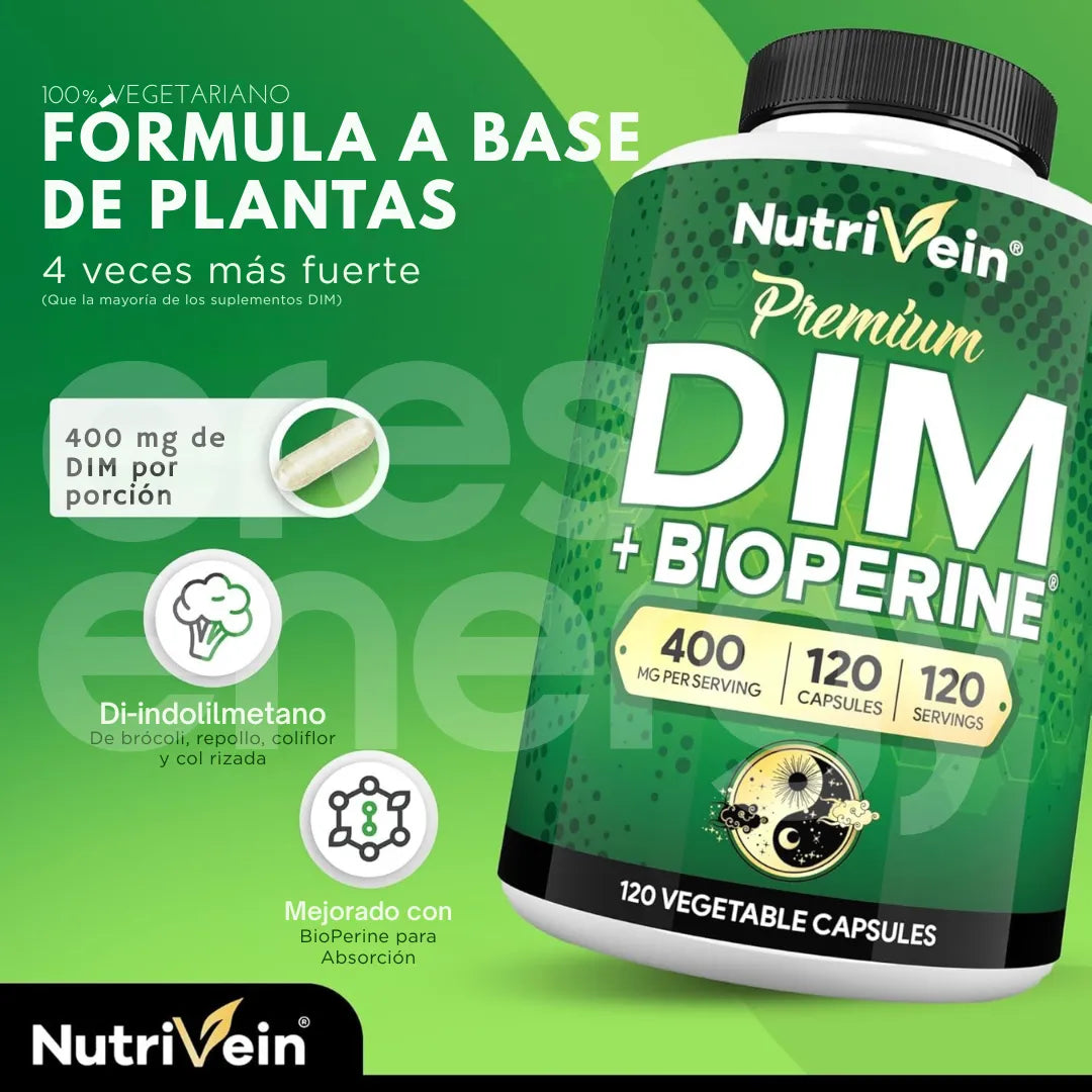 Nutrivein DIM Premium 400 mg + Bioperine – 120 Cápsulas Vegetales