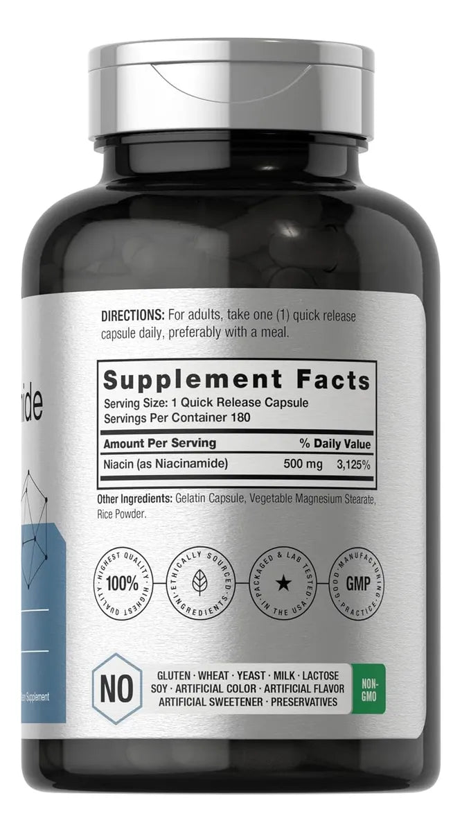 Nicotinamida 500 mg 120 cápsulas apoyo energético celular