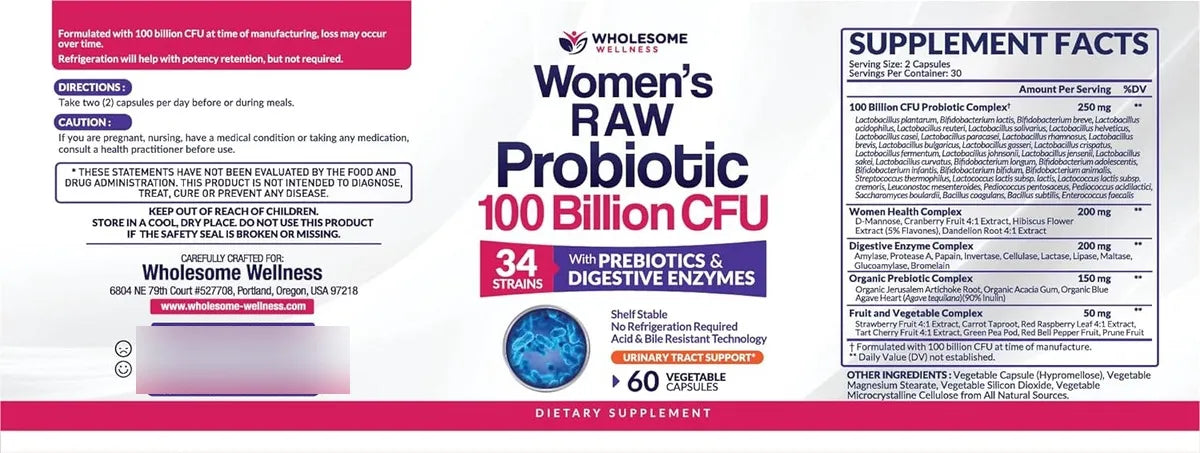 Probióticos Crudos Premium para Mujeres – 100 mil millones CFU