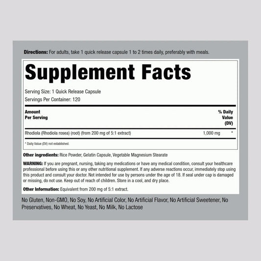 Rhodiola Rosea 1000 mg – 120 Cápsulas | Piping Rock