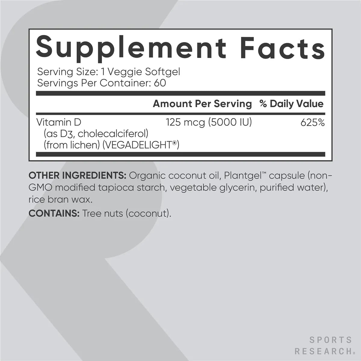 Vitamina D3 Vegana 5000 UI – Sport Research | 60 Cápsulas
