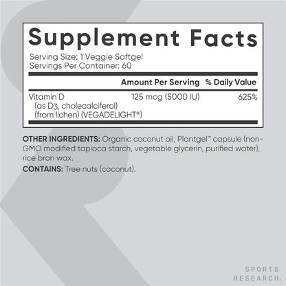 Vitamina D3 Vegana 5000 UI – Sport Research | 60 Cápsulas
