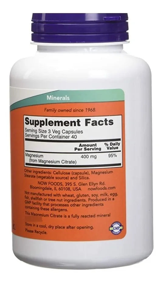 NOW Magnesium Citrate, 400 mg – 120 Cápsulas Vegetales