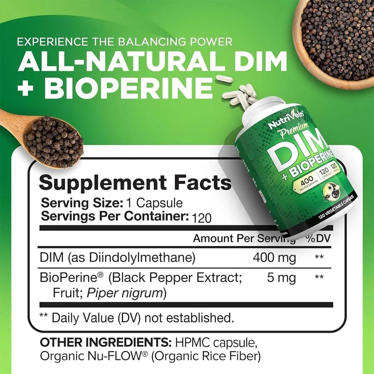 Nutrivein DIM Premium 400 mg + Bioperine – 120 Cápsulas Vegetales