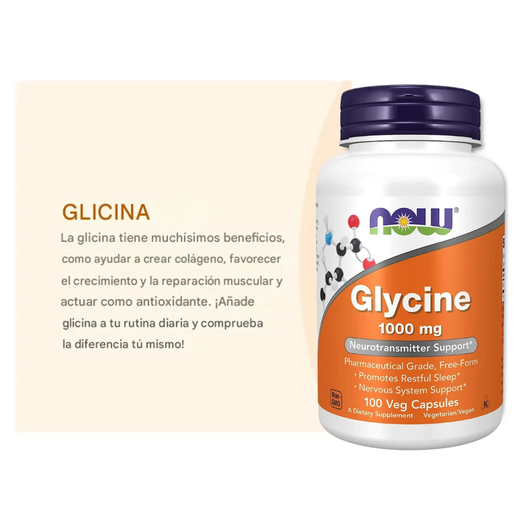 Glicina NOW 1000mg 100 cápsulas Veganas