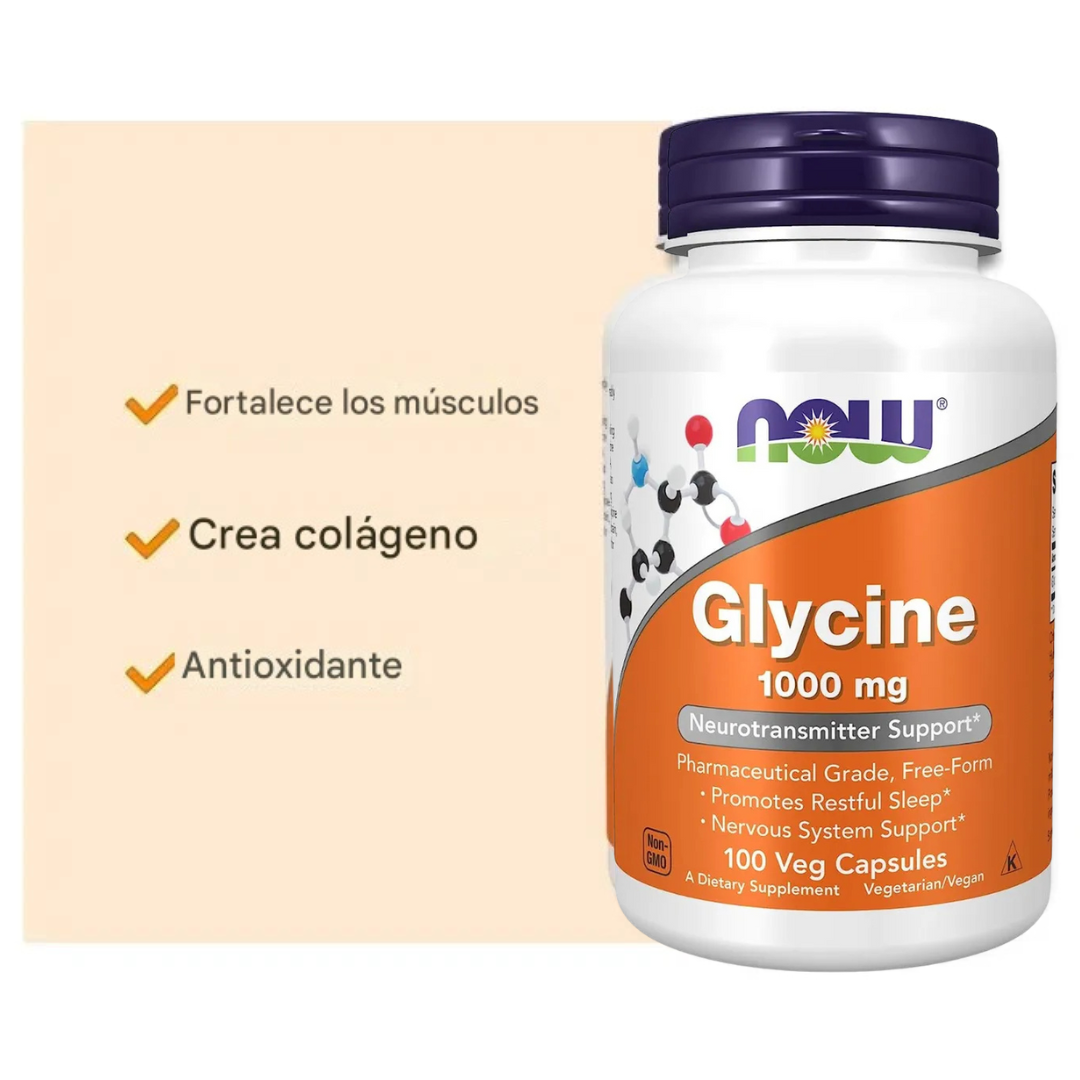 Glicina NOW 1000mg 100 cápsulas Veganas